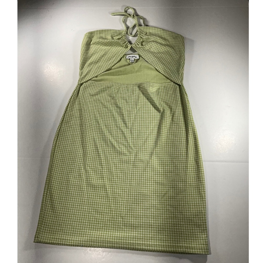Pretty Garbage Lime Green Houndstooth Halter Cutout Mini Dress PSD009 Large